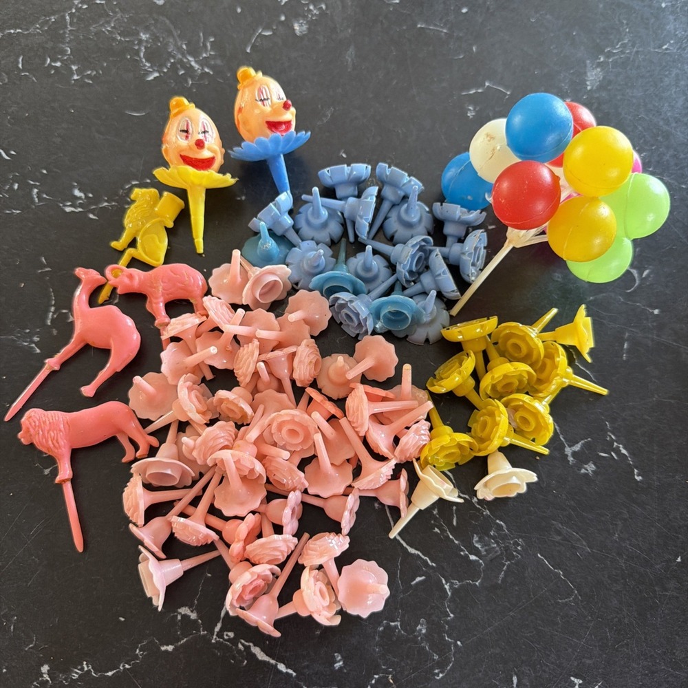 Vintage Lot of Cake/Cupcake Toppers Candle Holders Clowns Balloon Circus Animals
